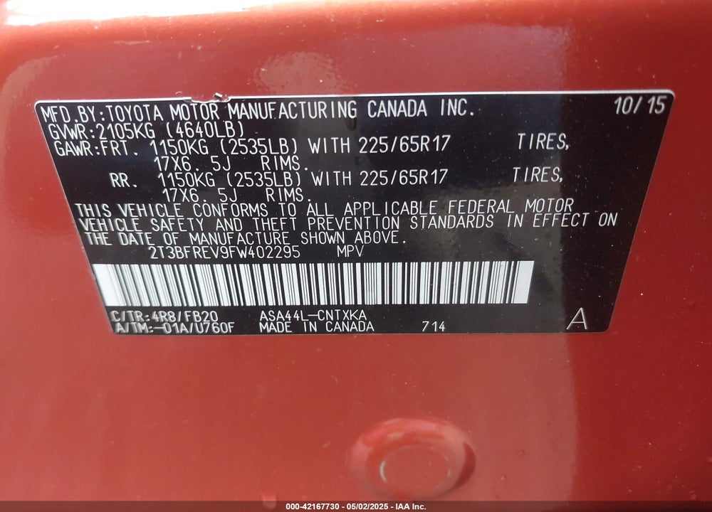2015 TOYOTA RAV4 LE VIN: 2T3BFREV9FW402295