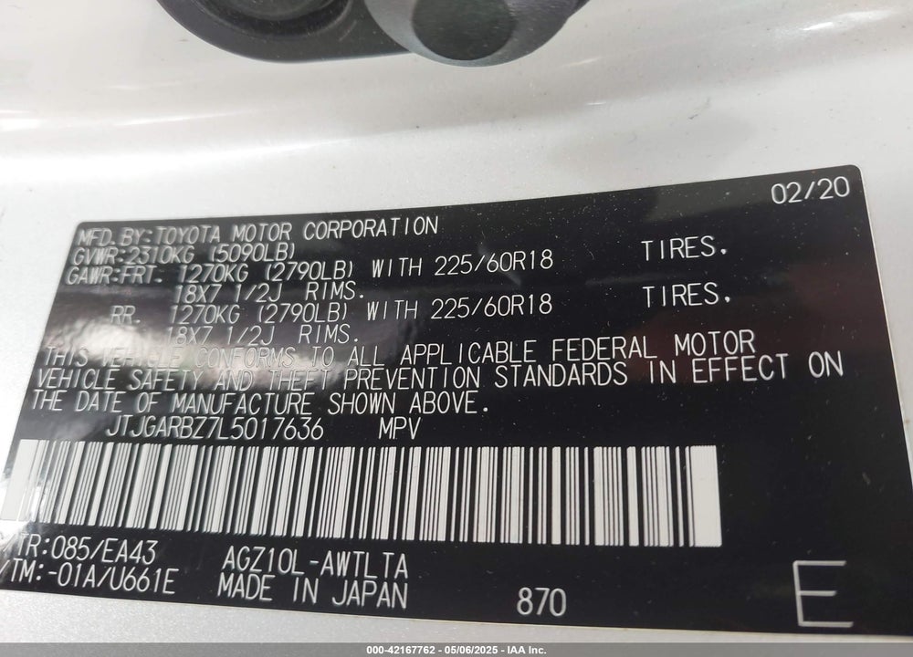2020 LEXUS NX 300 VIN: JTJGARBZ7L5017636