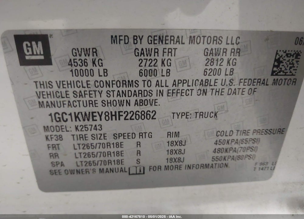 2017 CHEVROLET SILVERADO 2500HD LTZ VIN: 1GC1KWEY8HF226862