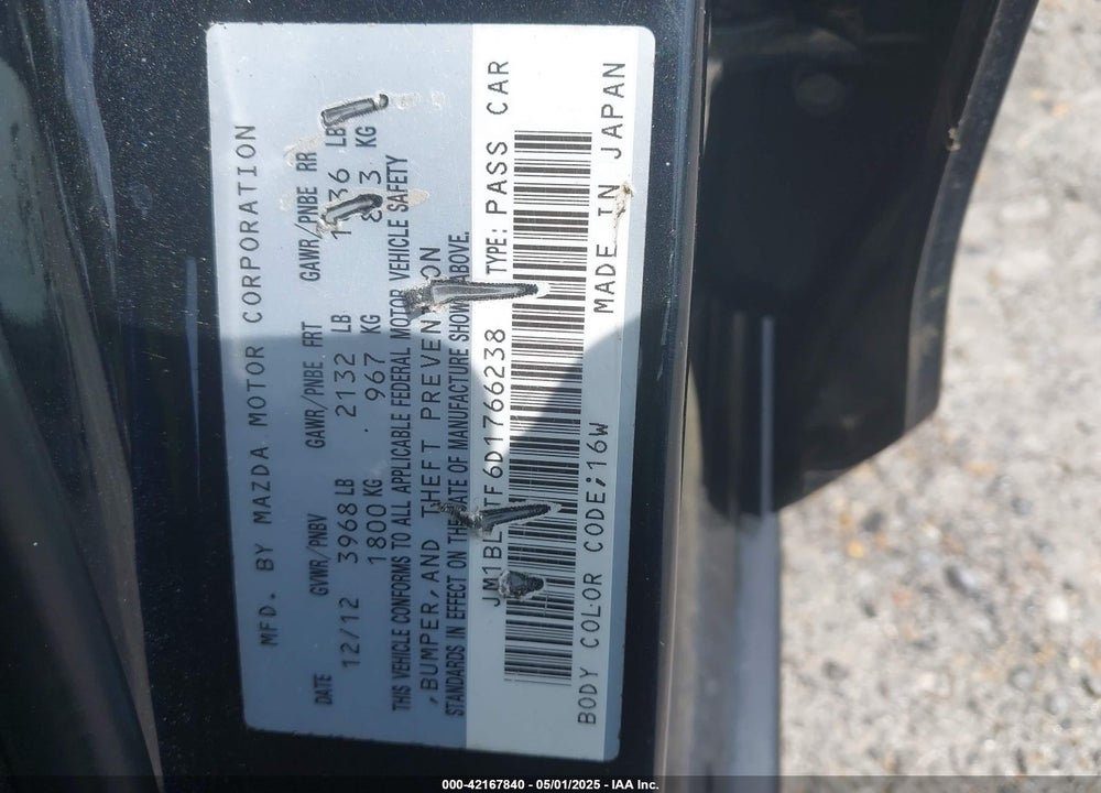 2013 MAZDA 3 VIN: JM1BL1TF6D1766238