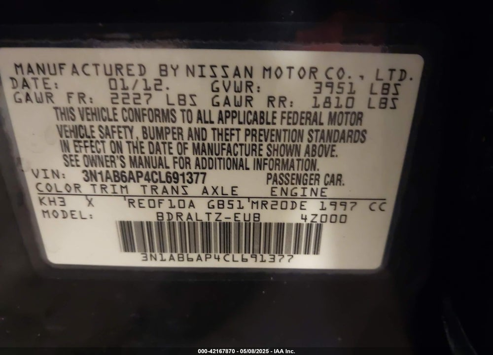 2012 NISSAN SENTRA VIN: 3N1AB6AP4CL691377