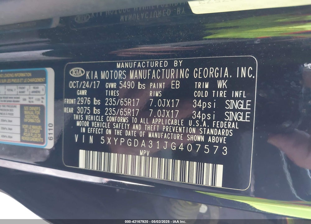 2018 KIA SORENTO VIN: 5XYPGDA31JG407573