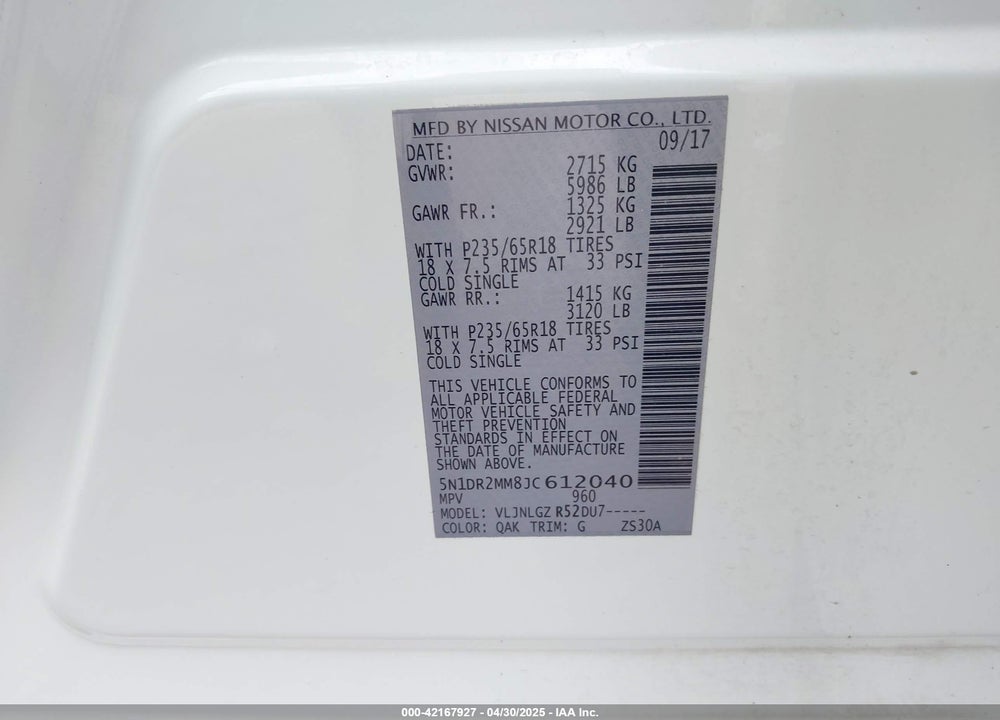2018 NISSAN PATHFINDER SL VIN: 5N1DR2MM8JC612040