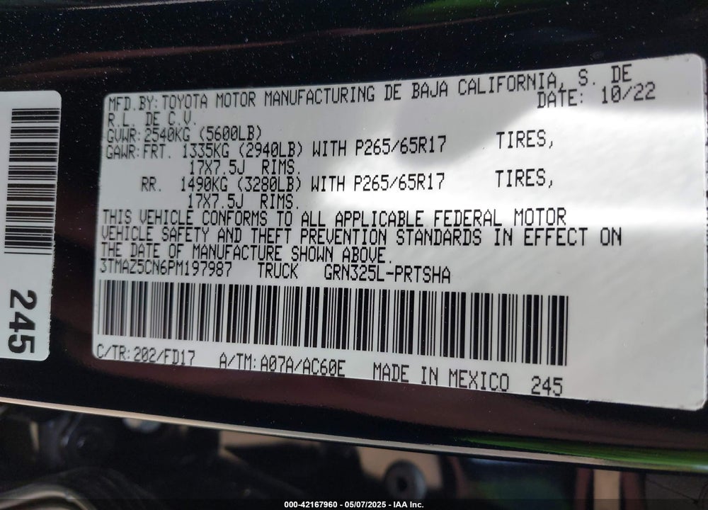 2023 TOYOTA TACOMA VIN: 3TMAZ5CN6PM197987
