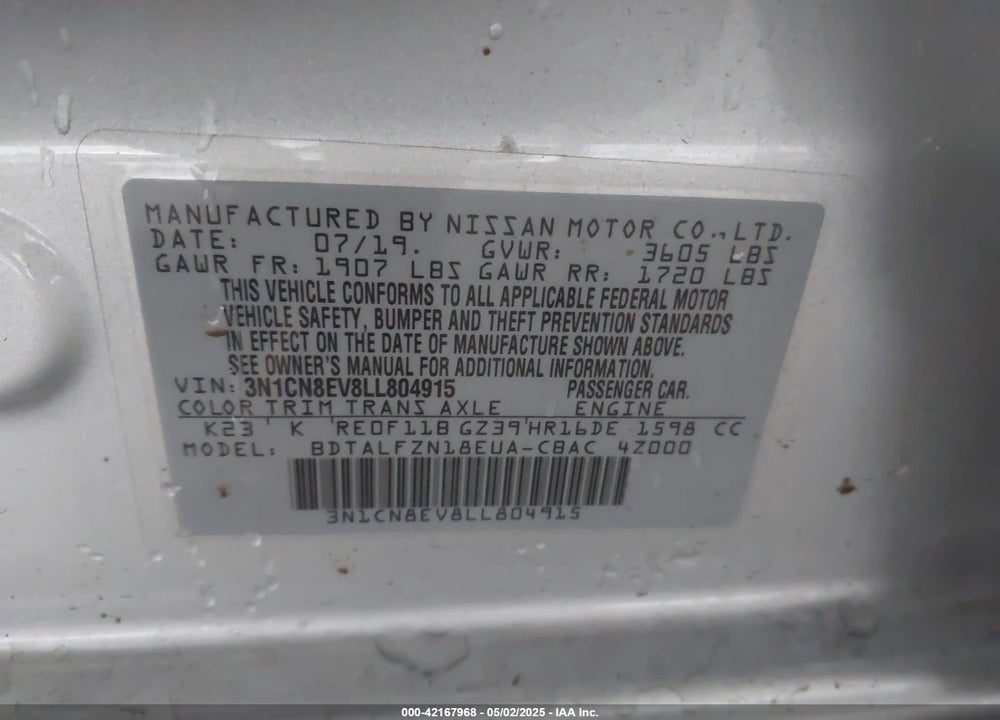 2020 NISSAN VERSA VIN: 3N1CN8EV8LL804915