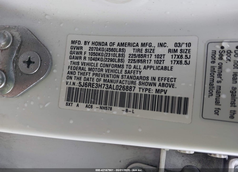 2010 HONDA CR-V EX-L VIN: 5J6RE3H73AL026887
