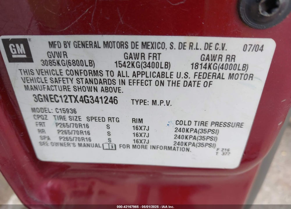 2004 CHEVROLET AVALANCHE 1500 VIN: 3GNEC12TX4G341246