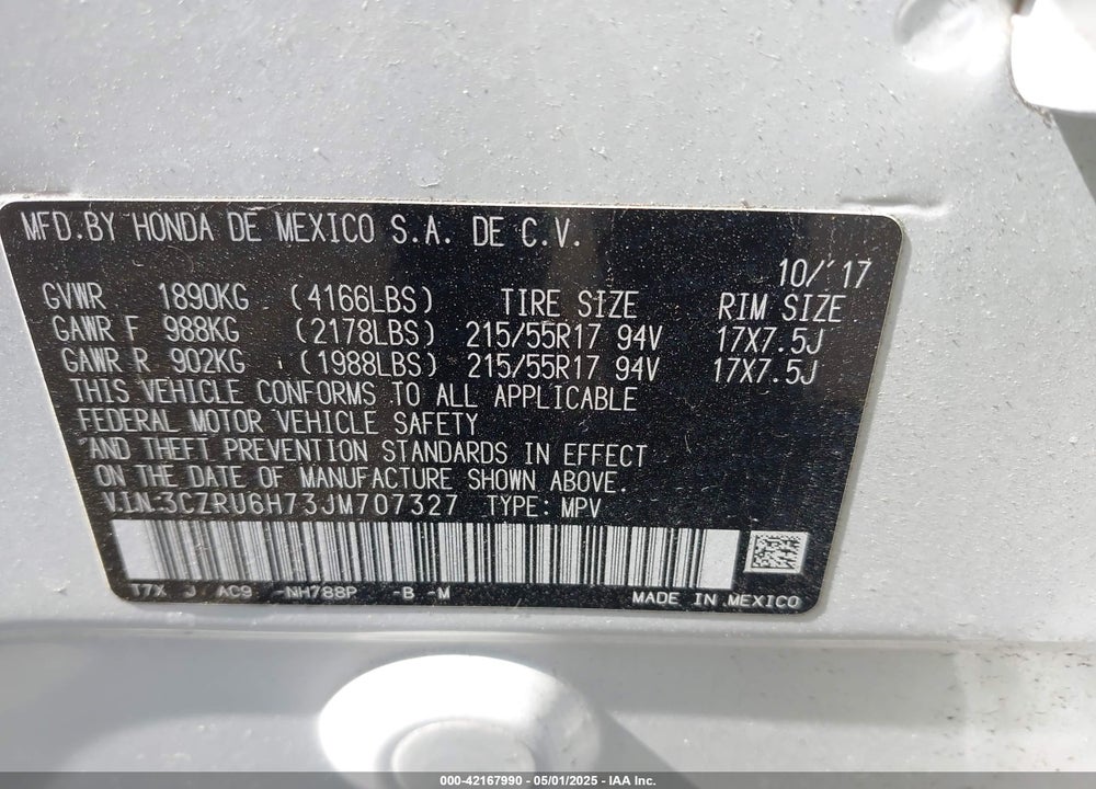 2018 HONDA HR-V EX-L VIN: 3CZRU6H73JM707327