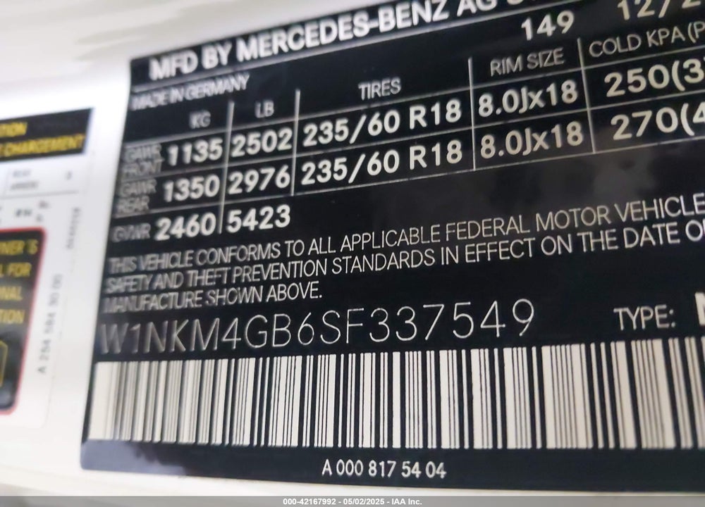 2025 MERCEDES-BENZ GLC 300 SUV VIN: W1NKM4GB6SF337549