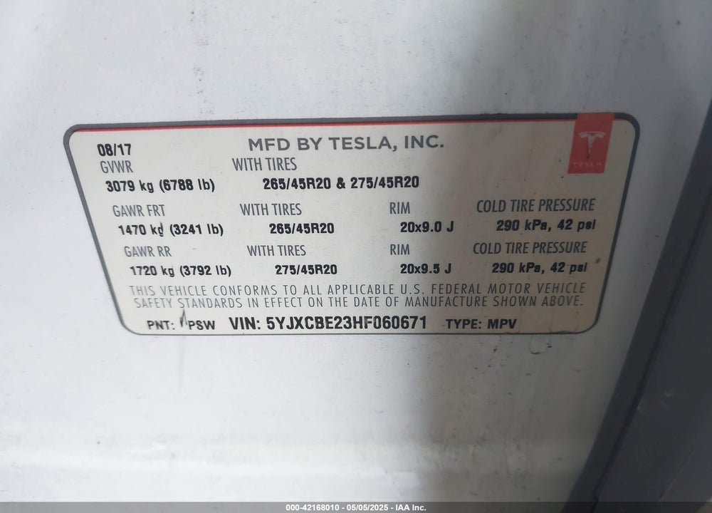 2017 TESLA MODEL X 100D/75D/90D VIN: 5YJXCBE23HF060671