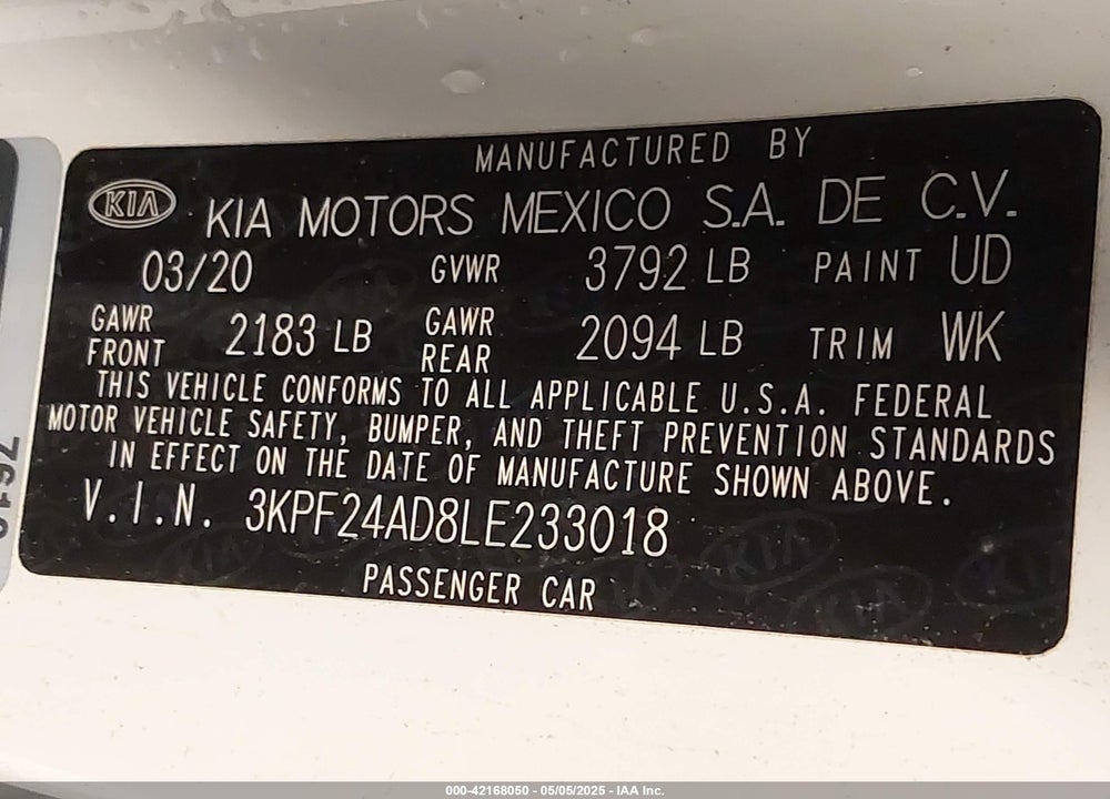 2020 KIA FORTE LXS VIN: 3KPF24AD8LE233018