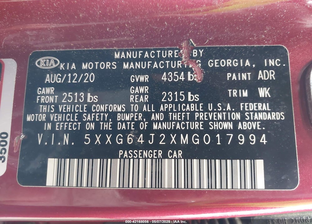2021 KIA K5 GT LINE VIN: 5XXG64J2XMG017994