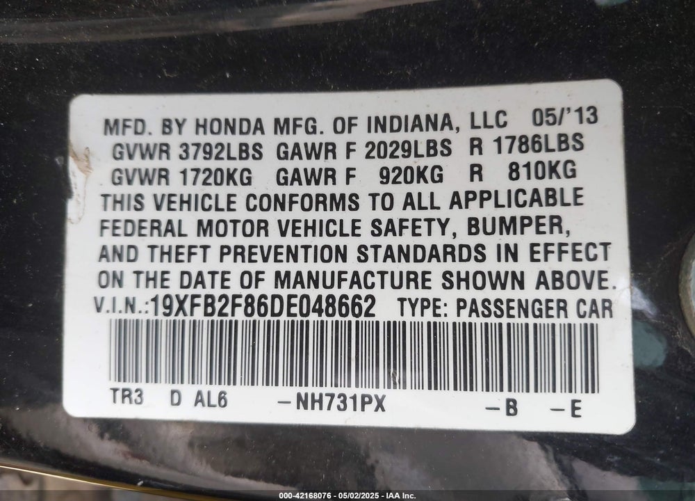 2013 HONDA CIVIC EX VIN: 19XFB2F86DE048662