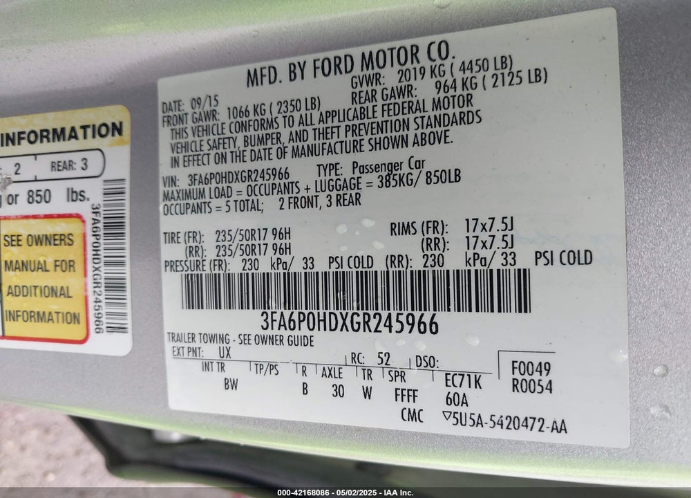 2016 FORD FUSION SE VIN: 3FA6P0HDXGR245966
