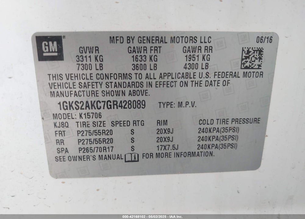 2016 GMC YUKON VIN: 1GKS2AKC7GR428089
