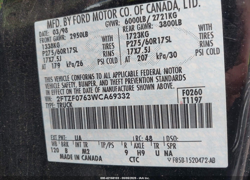 1998 FORD F-150 VIN: 2FTZF0763WCA69332