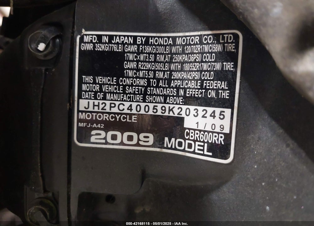 2009 HONDA CBR600 RR VIN: JH2PC40059K203245