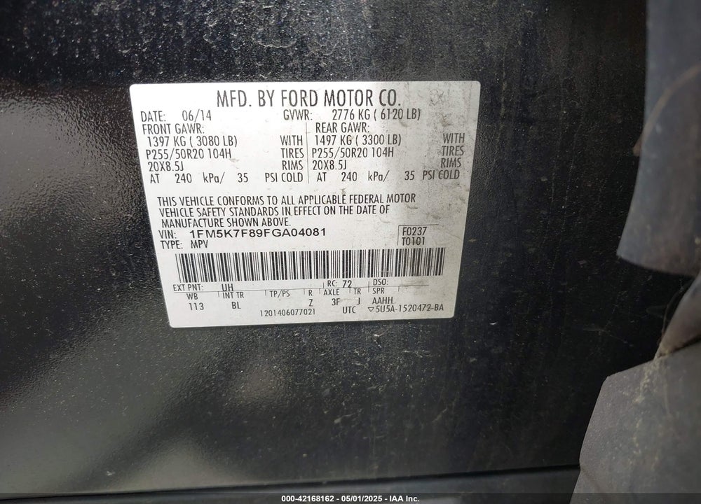 2015 FORD EXPLORER VIN: 1FM5K7F89FGA04081