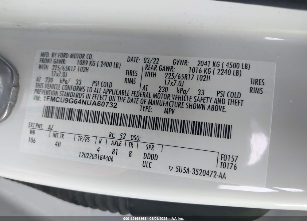 2022 FORD ESCAPE VIN: 1FMCU9G64NUA60732