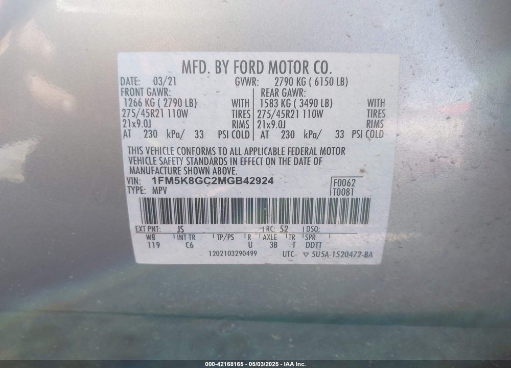 2021 FORD EXPLORER VIN: 1FM5K8GC2MGB42924