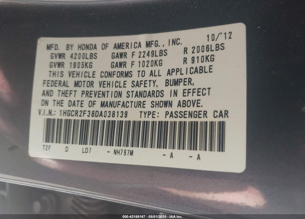 2013 HONDA ACCORD LX VIN: 1HGCR2F38DA038139