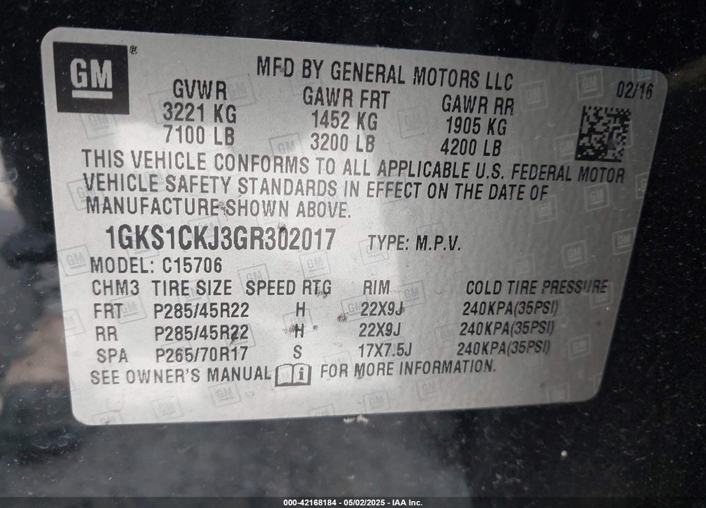 2016 GMC YUKON VIN: 1GKS1CKJ3GR302017