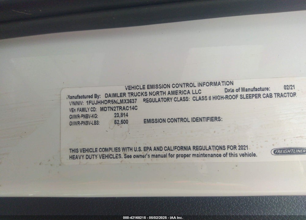 2022 FREIGHTLINER CASCADIA 126 VIN: 1FUJHHDR4NLMX3637