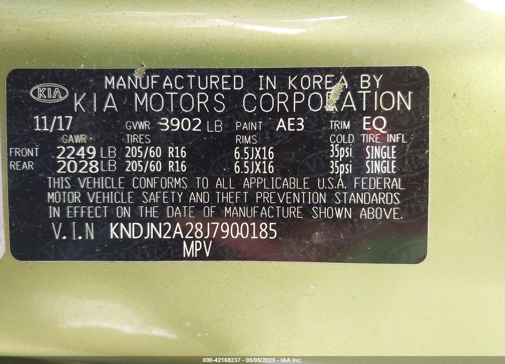 2018 KIA SOUL VIN: KNDJN2A28J7900185
