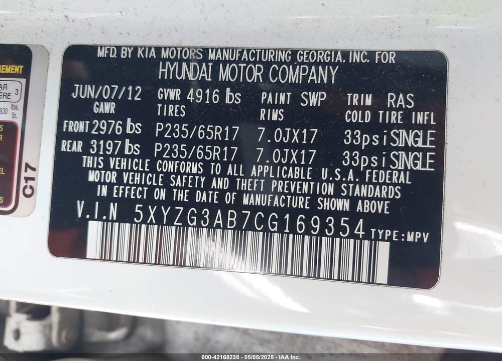 2012 HYUNDAI SANTA FE VIN: 5XYZG3AB7CG169354