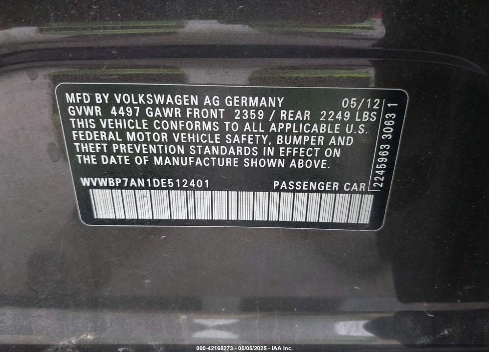 2013 VOLKSWAGEN CC VIN: WVWBP7AN1DE512401