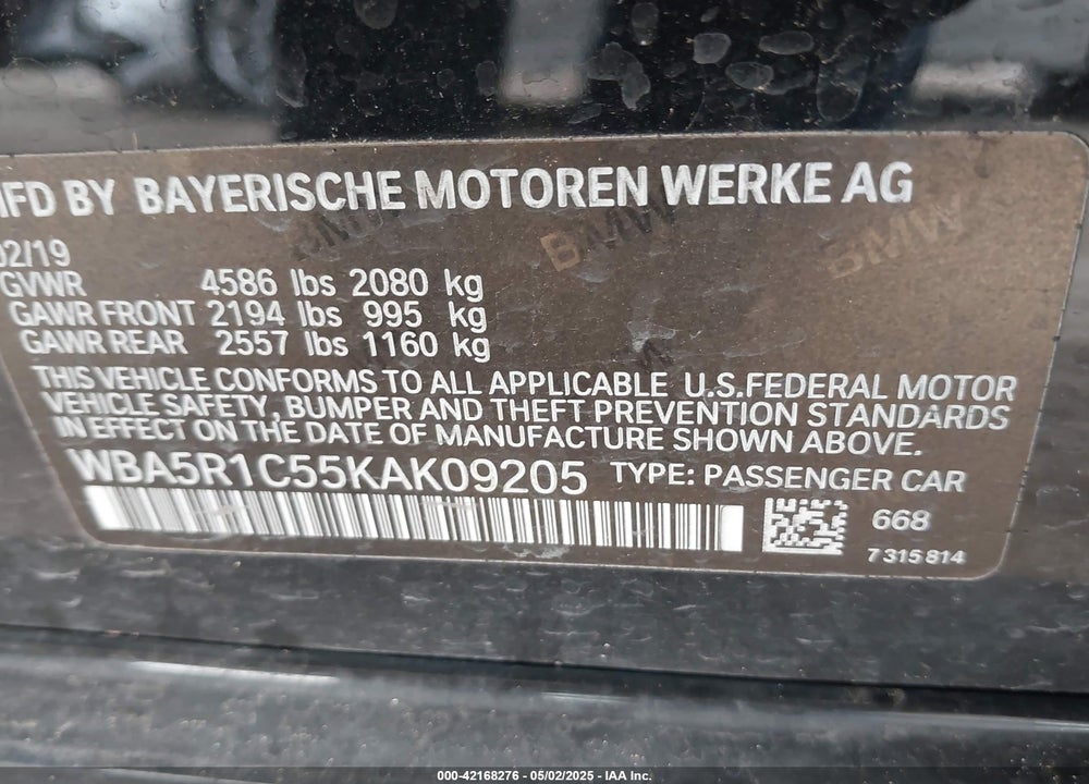 2019 BMW 3 SERIES VIN: WBA5R1C55KAK09205