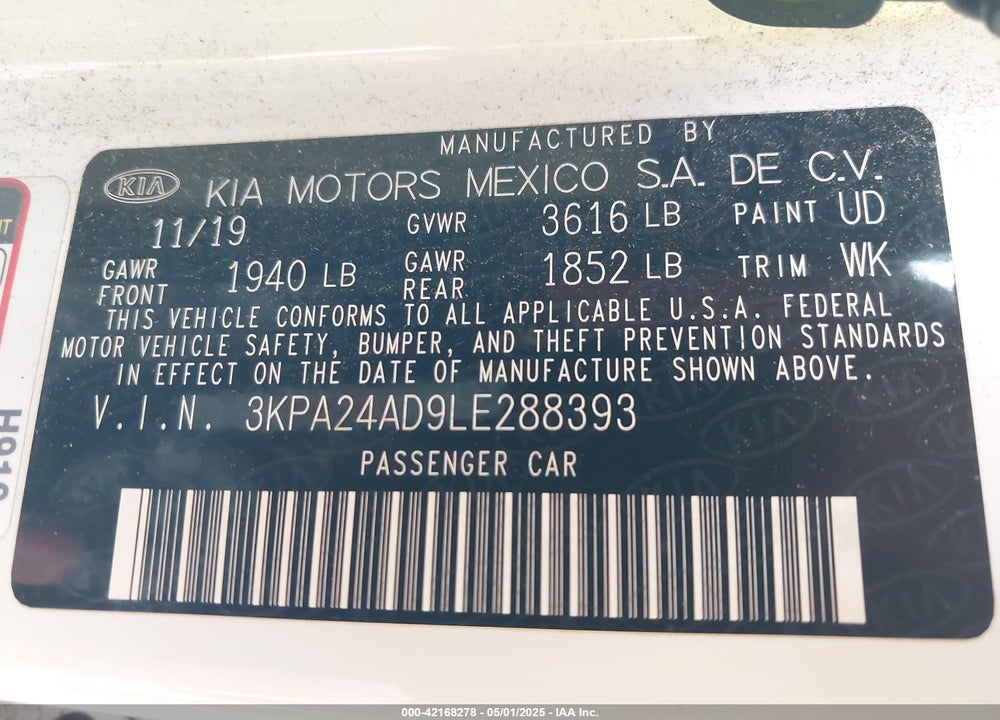 2020 KIA RIO VIN: 3KPA24AD9LE288393