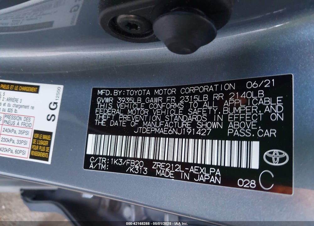 2022 TOYOTA COROLLA LE VIN: JTDEPMAE6NJ191427