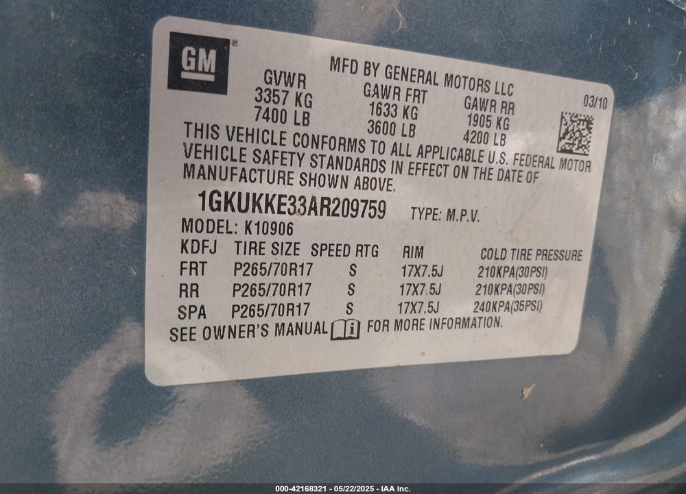 2010 GMC YUKON XL 1500 SLT VIN: 1GKUKKE33AR209759