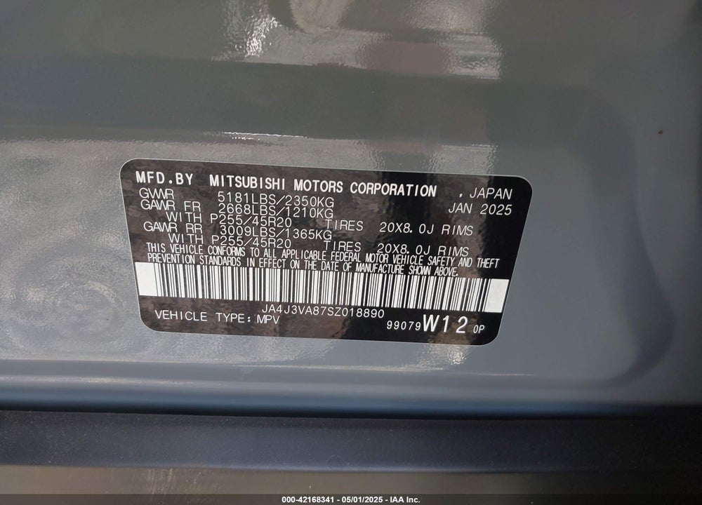 2025 MITSUBISHI OUTLANDER VIN: JA4J3VA87SZ018890