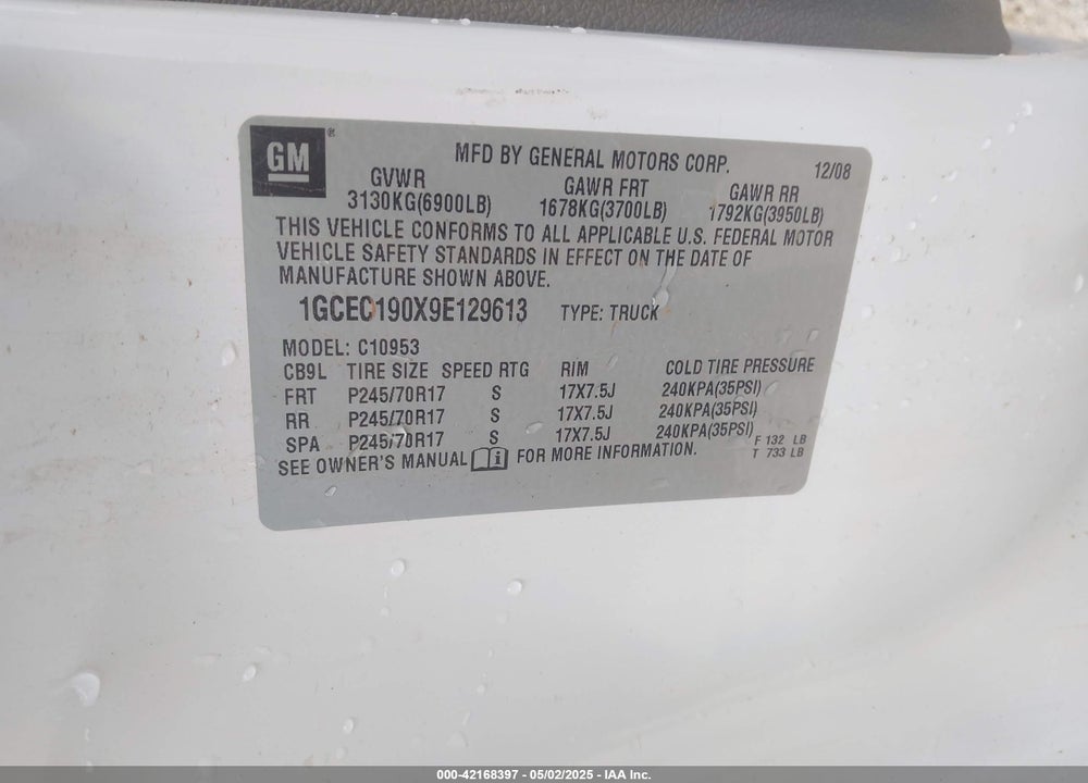 2009 CHEVROLET SILVERADO 1500 VIN: 1GCEC190X9E129613