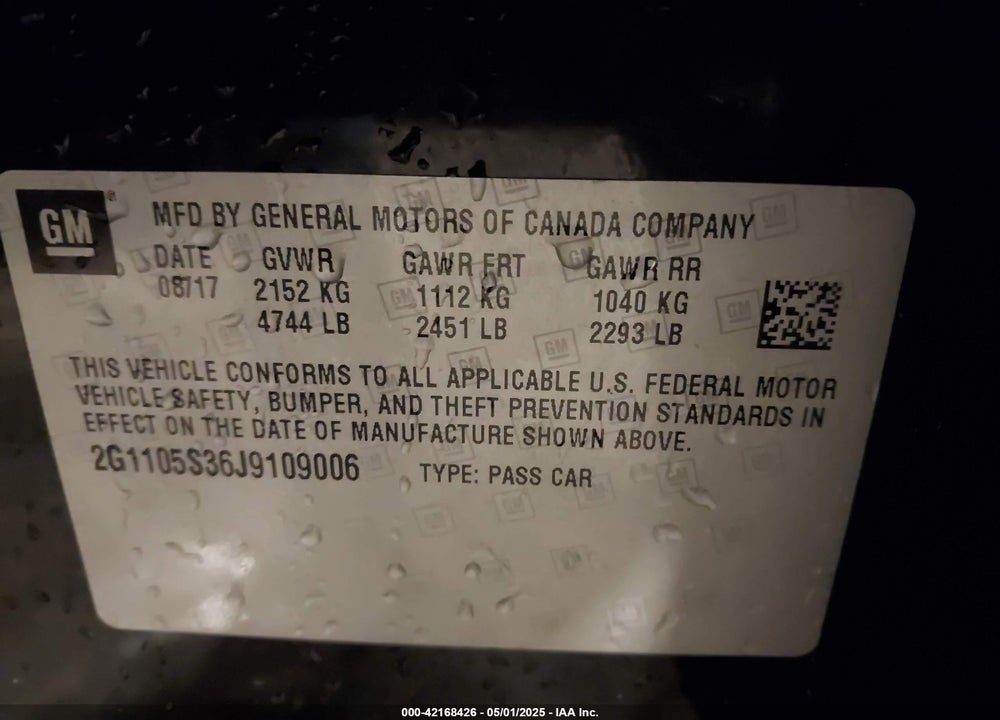 2018 CHEVROLET IMPALA VIN: 2G1105S36J9109006