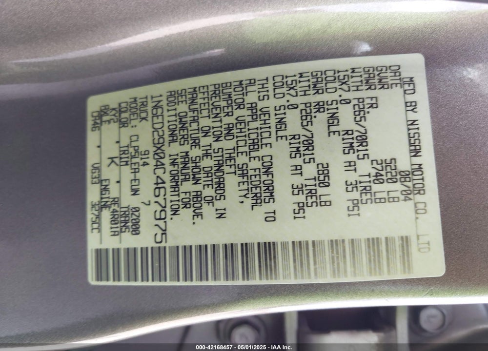 2004 NISSAN FRONTIER XE-V6 VIN: 1N6ED29X04C467975