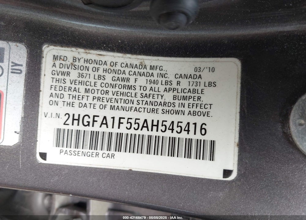 2010 HONDA CIVIC LX VIN: 2HGFA1F55AH545416