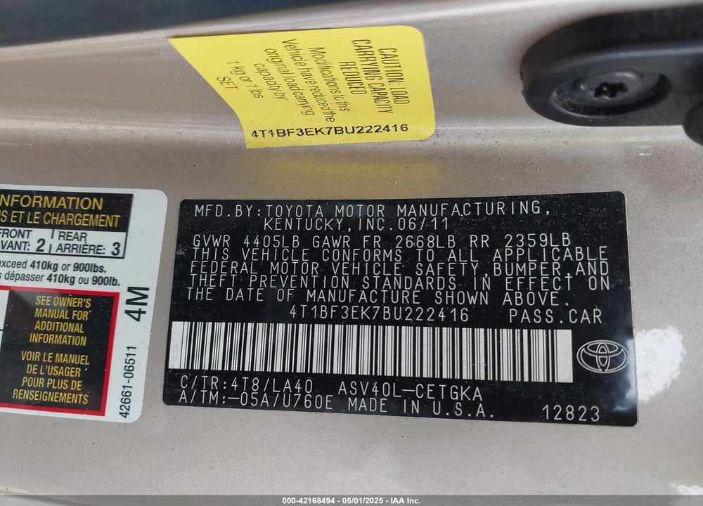 2011 TOYOTA CAMRY XLE VIN: 4T1BF3EK7BU222416