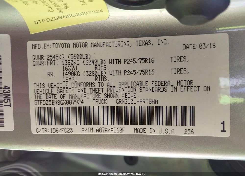 2016 TOYOTA TACOMA VIN: 5TFDZ5BN8GX007924