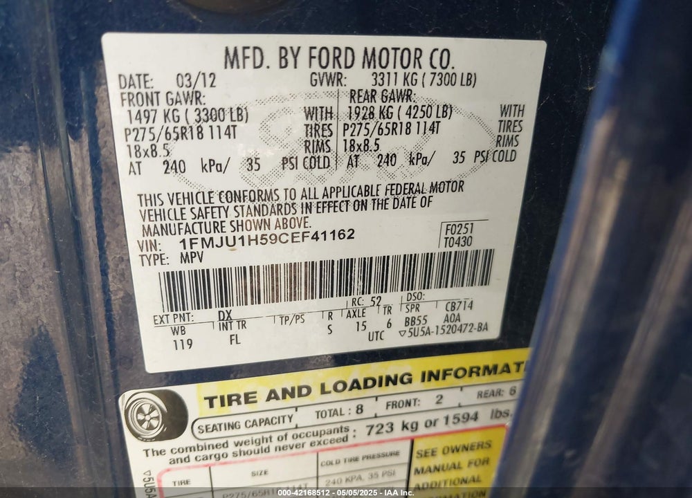 2012 FORD EXPEDITION VIN: 1FMJU1H59CEF41162