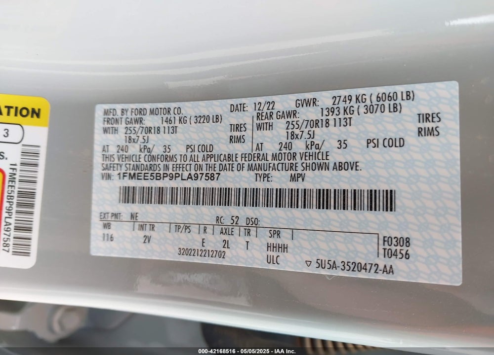 2023 FORD BRONCO OUTER BANKS VIN: 1FMEE5BP9PLA97587