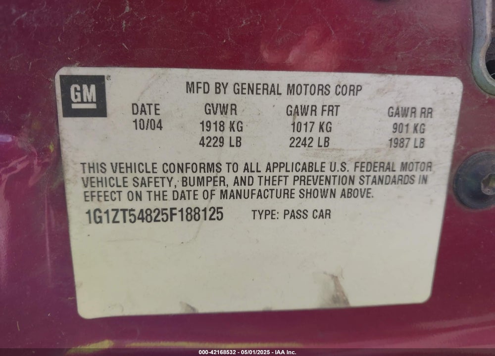 2005 CHEVROLET MALIBU LS VIN: 1G1ZT54825F188125