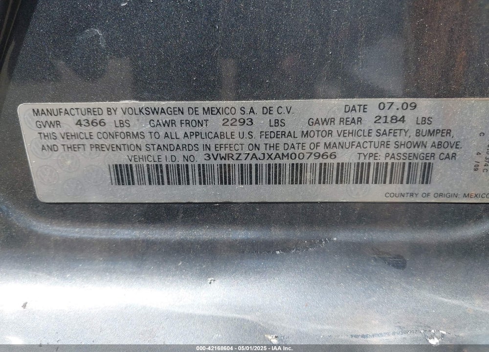 2010 VOLKSWAGEN JETTA VIN: 3VWRZ7AJXAM007966