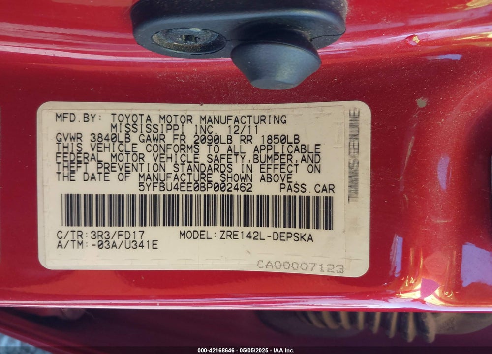 2011 TOYOTA COROLLA S VIN: 5YFBU4EE0BP002462