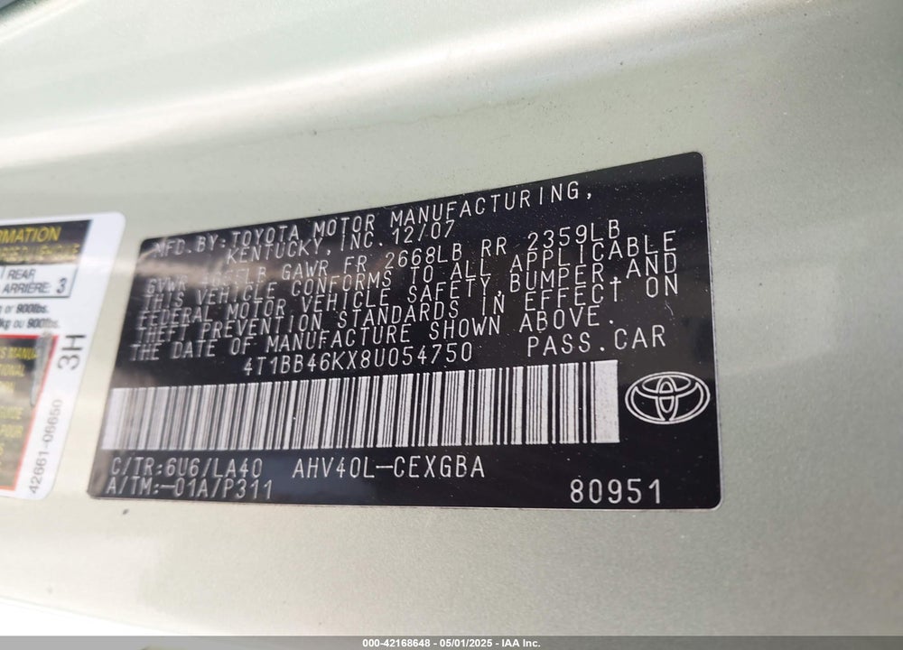 2008 TOYOTA CAMRY VIN: 4T1BB46KX8U054750