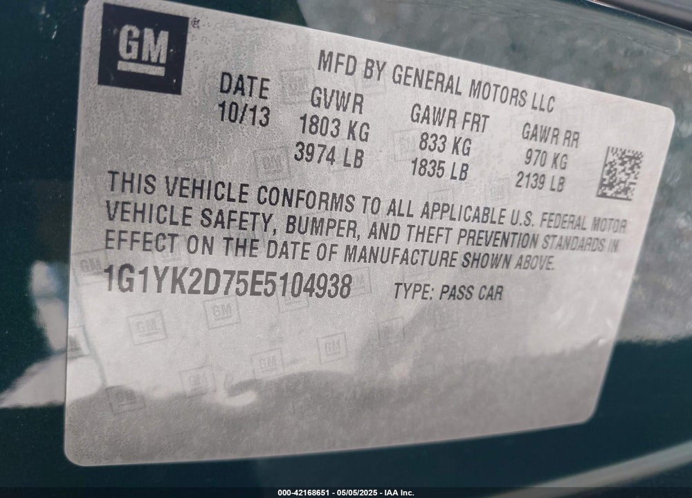 2014 CHEVROLET CORVETTE STINGRAY VIN: 1G1YK2D75E5104938