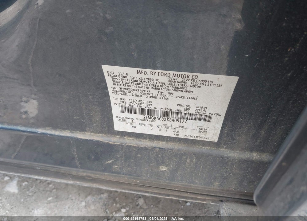 2019 FORD FLEX SEL VIN: 2FMGK5C8XKBA09177