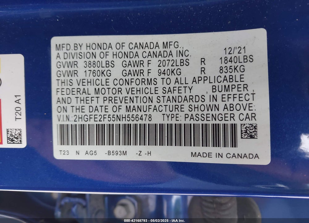 2022 HONDA CIVIC VIN: 2HGFE2F55NH556478